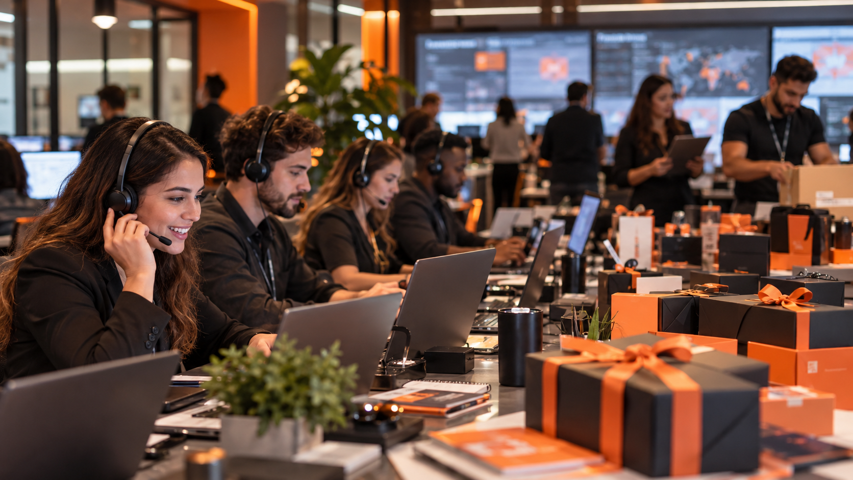 Equipe operando campanha promocional e atendimento